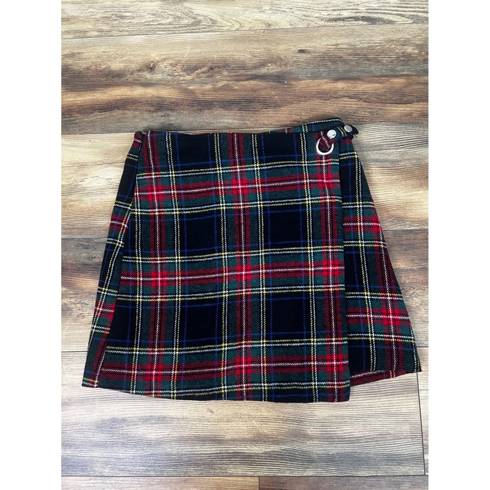 Alya Plaid Mini Wrap Skirt Red Green Navy Tartan Snap Ring Detail Womens Medium - Picture 2 of 8